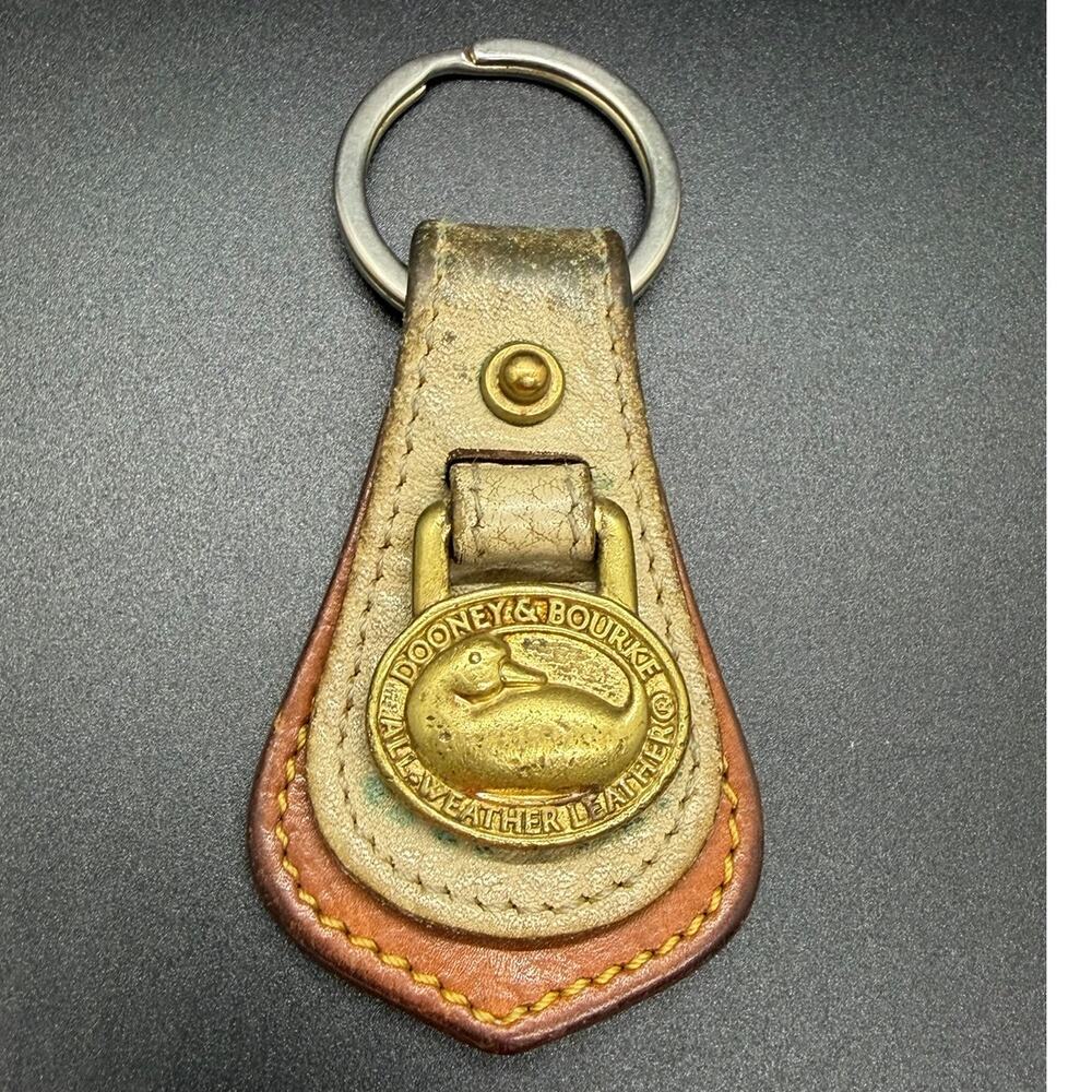 Vintage DOONEY & BOURKE Brass Duck Teardrop Leather keyring key chain 3"